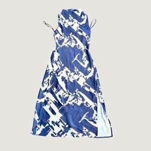 Donna Karan Maxi Dress Abstract Brushstroke Satin Mock Neck Side Slit Navy White